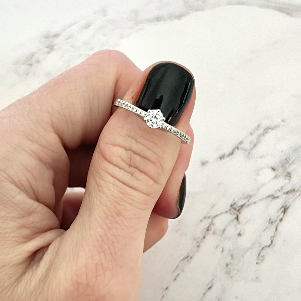 Dainty CZ Solitaire Sterling Silver Pavé Setting Stacking Ring